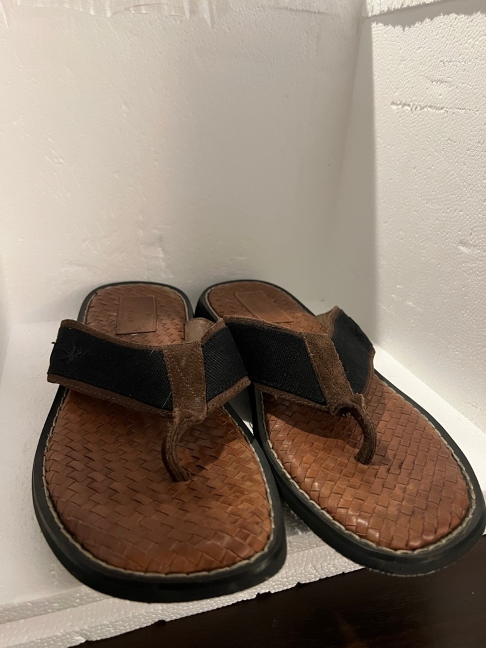 Tommy Bahama Brown Woven Leather Flip-Flops with Black Straps